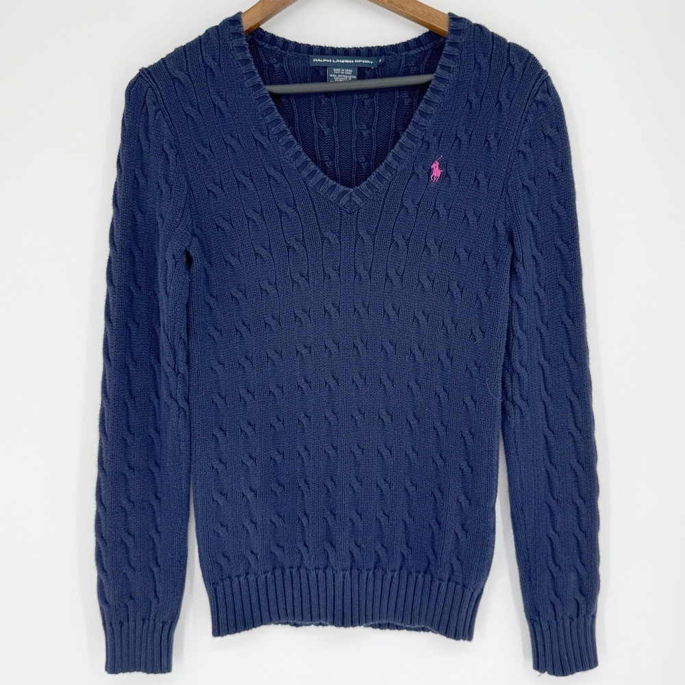 Ralph Lauren Cable Knit V Neck Sweater Womens Sz M Navy Cotton Old Money Preppy